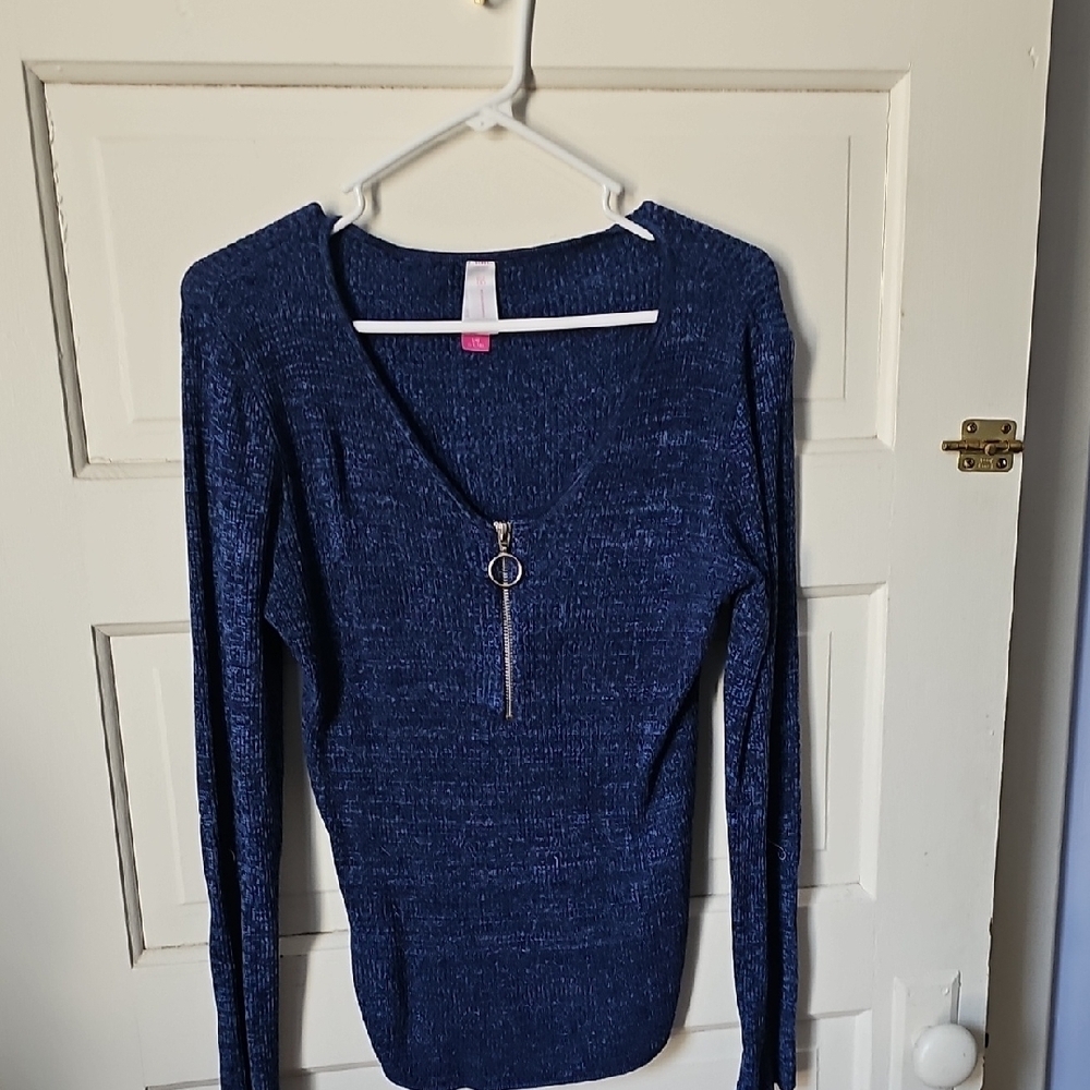 Blue Long Sleeve Sweater with Zipper Detail